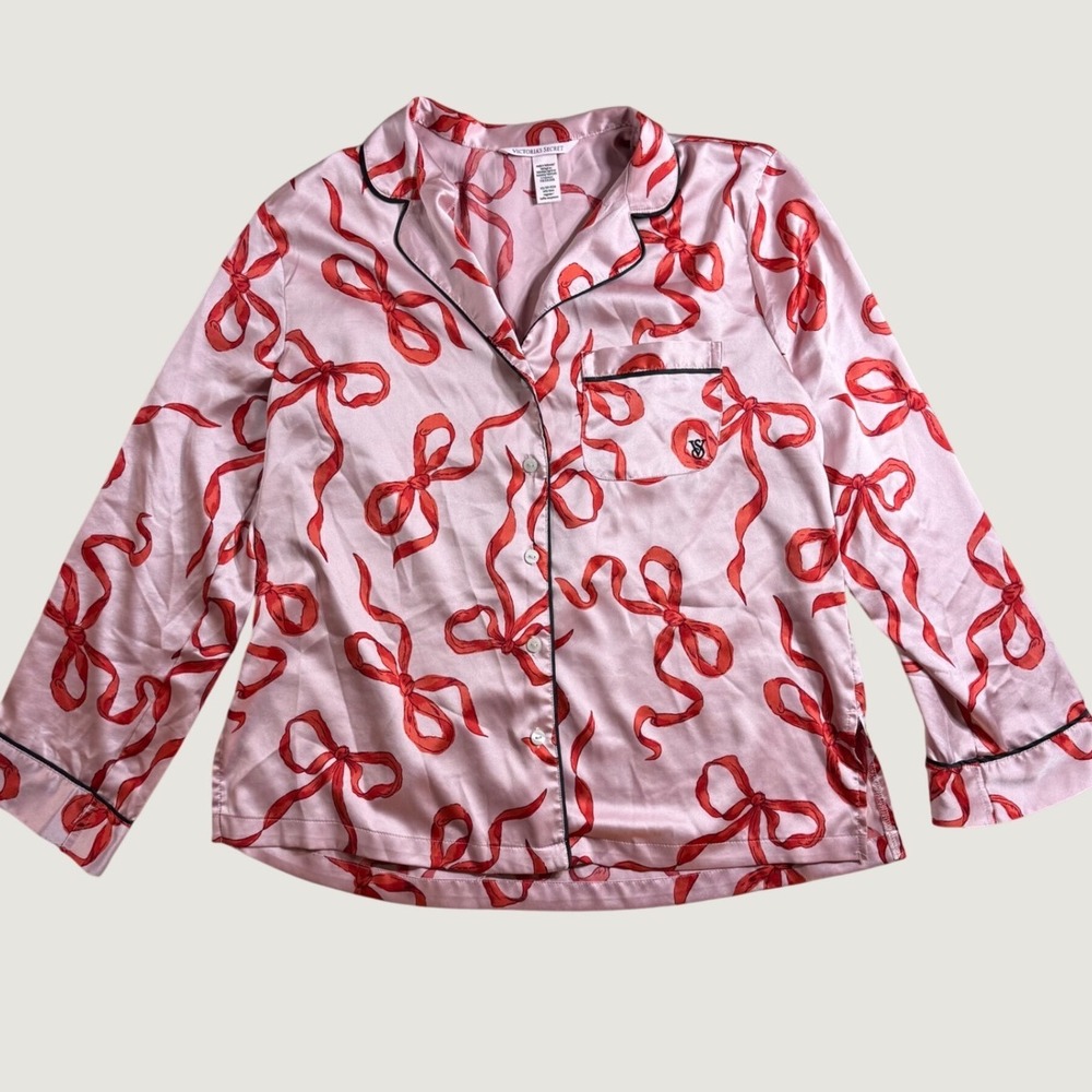 Victoria's Secret Pajama Top Womens XS Pink Red Bow Excellent